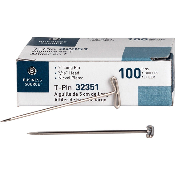 Business Source T-Pins, 9/16" Head Width, 2" Length, 100/Box, Silver (BSN32351) Box of 100
