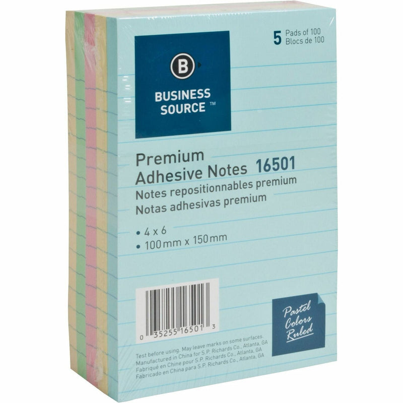 Business Source Self-Adhesive Notes, Ruled, 4" x 6", Assorted Pastel, 5/Pack (BSN16501) Pack of 5
