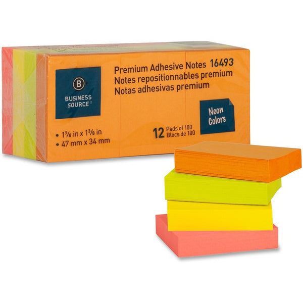 Business Source Adhesive Notes, Plain, 1-1/2"x2", 100 Sh/PD, 12PD/Pack, Neon (BSN16493) Pack of 12