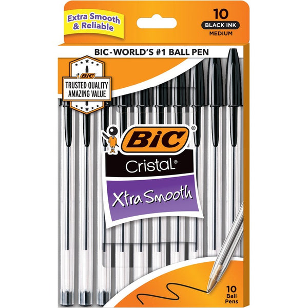 BIC Cristal Ballpoint Stick Pens - Medium Pen Point - Black - Clear Barrel - 10 / Pack (BICMSP10BK)