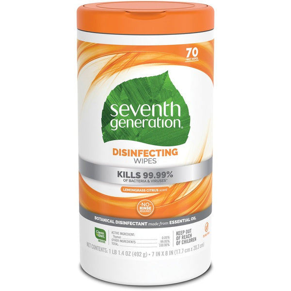 Seventh Generation Botanical Disinfecting Wipes, Lemongrass Citrus, 1-Ply, White, 7 x 8, 70 Wipes (SEV22813)