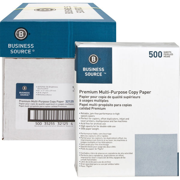 Business Source White Multipurpose Paper, 92 Bright, 20 lb, Case of 5 Reams (BSN32125) 5 Reams