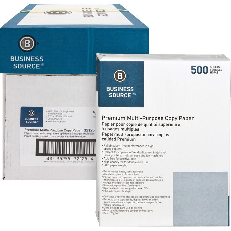 Business Source White Multipurpose Paper, 92 Bright, 20 lb, Case of 5 Reams (BSN32125) 5 Reams