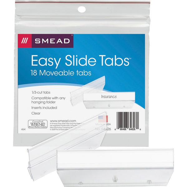 Smead Easy Slide Hanging Folder Tab, 1/3-Cut Tabs, White/Clear, 3.5" Wide, 18/Pack (SMD64626)