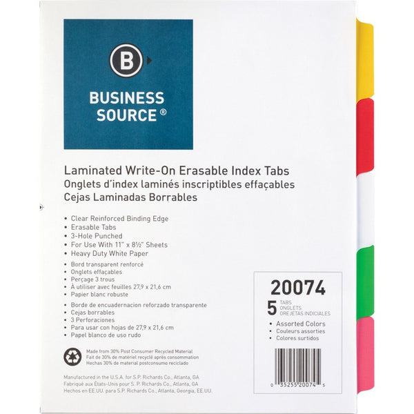 Business Source Write-On Index Tabs, Assorted Colors (BSN20074) 1 Set of 5