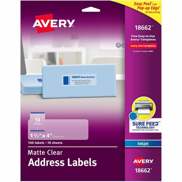 Avery Easy Peel Mailing Labels for Inkjet Printers, 1 1/3"x4", Clear, 140 per Pack (AVE18662)