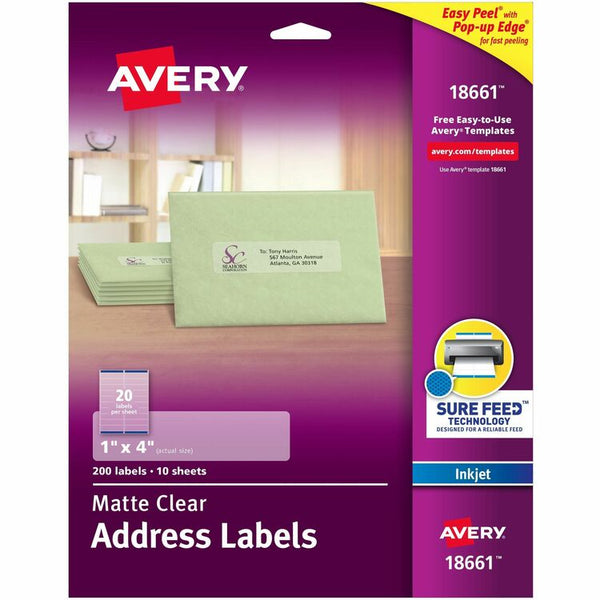 Avery Easy Peel Mailing Labels for Inkjet Printers, 1"x4", Clear, 200 per Pack (AVE18661)