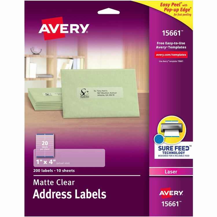 Avery Easy Peel Mailing Labels For Laser Printers, 1 x 4, Clear, 200/Pack (AVE15661)