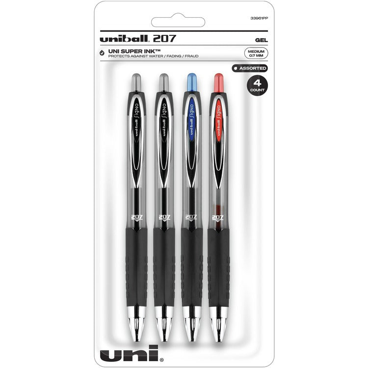 uniball&trade; 207 Retractable Gel, Medium Pen Point, 0.7 mm Pen Point Size, Refillable, Retractable, Assorted Gel-based Ink, 4/Pack (UBC33961PP) Pack of 4