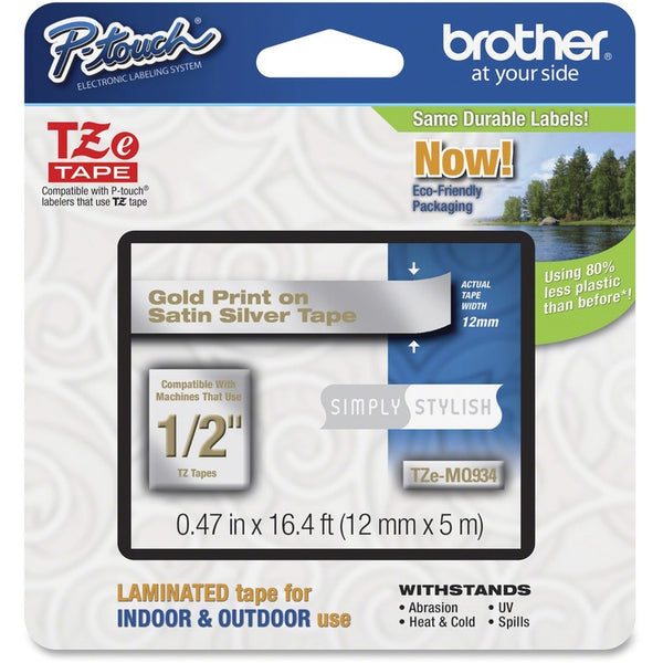 Brother TZ Standard Adhesive Laminated Labeling Tape, 0.47" x 16.4 ft, Gold/Silver (BRTTZEMQ934)