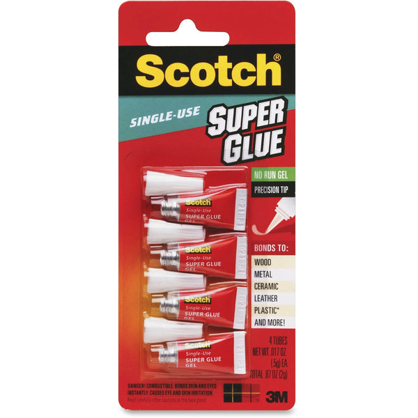 Scotch Single Use Super Glue No-Run Gel, 0.02 oz, Dries Clear, 4/Pack (MMMAD119)