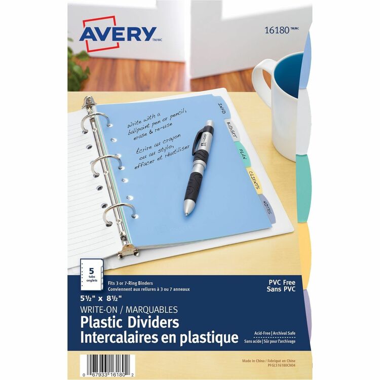 Avery&reg; Mini Durable Write-On Plastic Dividers, 5 1/2"x8 1/2", 5-Tab Set, Multicolor (AVE16180)