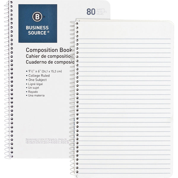 Business Source Spiral Wirebound Notebook, College Rule, 6" x 9-1/2", 80 Sheets, WE (BSN10966) Each