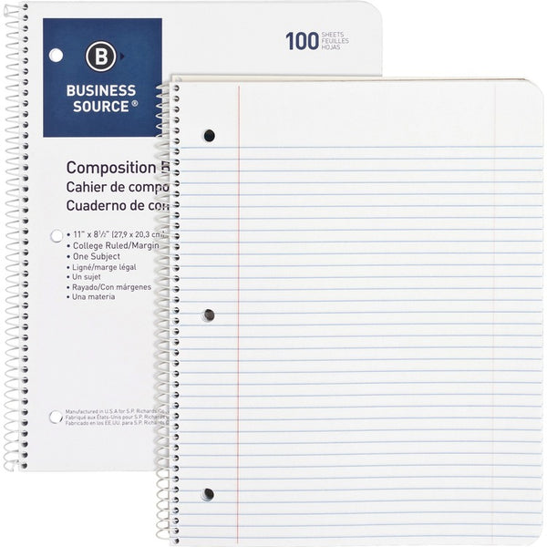 Business Source Wirebound Notebooks, 3-Hole, Colg Rule, 8-1/2" x 11", 100 Sheets, WE (BSN10968) Each