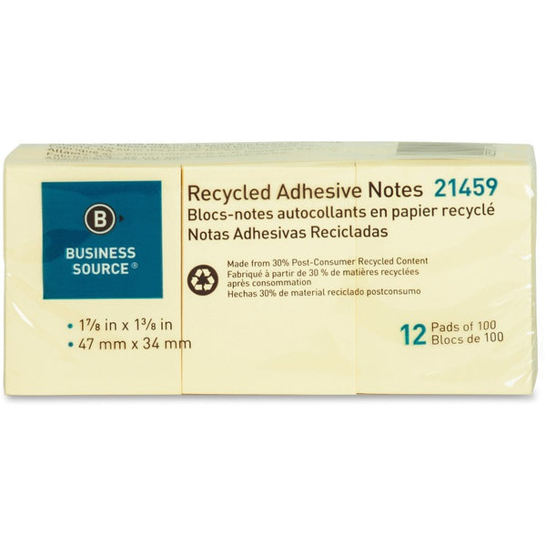 Business Source Recycled Notes, 1" x 2-1/2", 12/PK, Yellow (BSN21459) Pack of 12