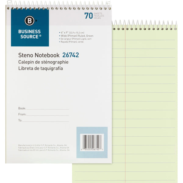 Business Source Steno Notebooks, Pitman Ruled, 6" x 9", 70 Sheets, Green (BSN26742) Each