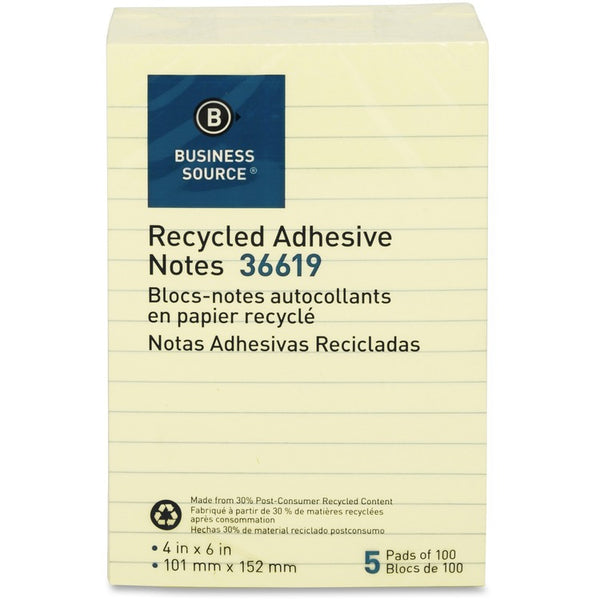 Business Source Recycled Notes, 4" x 6", 5/PK, Yellow (BSN36619) Pack of 5