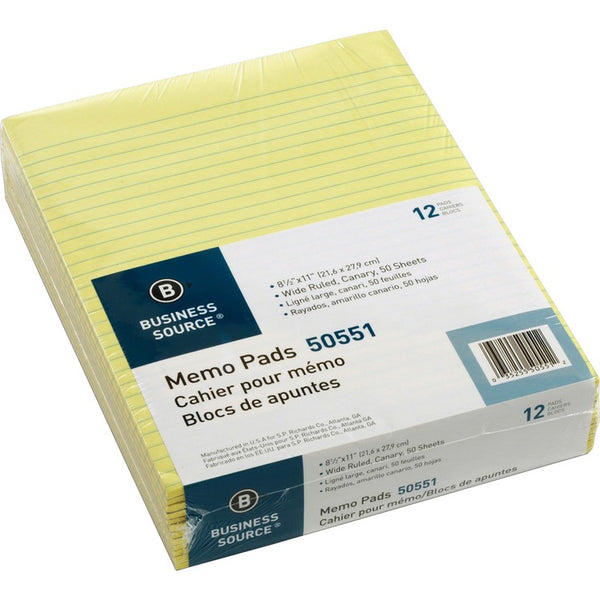 Business Source Memorandum Pads, 8-1/2" x 11", Wide Ruled, 50 Sheets/PD, Canaray (BSN50551) Box of 12