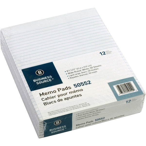 Business Source Memorandum Pads, 8-1/2" x 11", Wide Ruled, 50 Sheets/PD, White (BSN50552) Box of 12