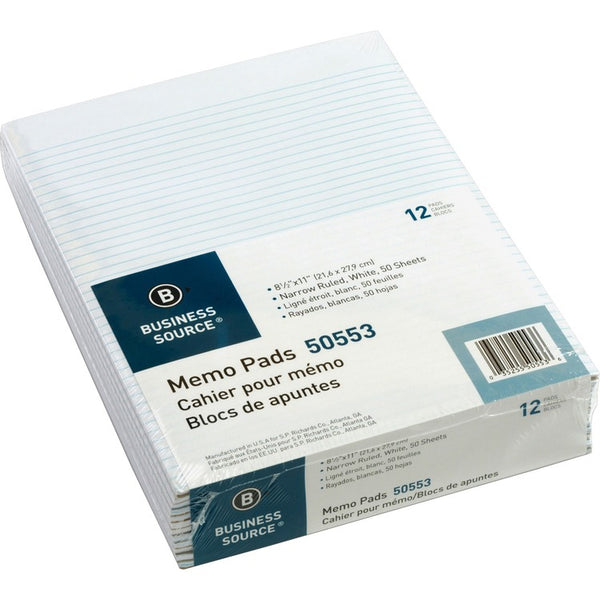 Business Source Memorandum pads, 8-1/2" x 11", Narrow Ruled, 50 Sheets/PD, White (BSN50553) Box of 12