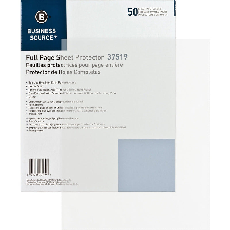 Business Source Sheet Protector, Top Loading, 8-1/2" x 11", 50/BX, Clear (BSN37519) Box of 50