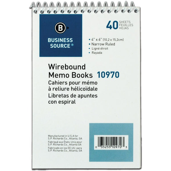 Business Source Wirebound Memo Book, End Spiral, 4" x "6, 40 Sheets, WE (BSN10970) Box of 12