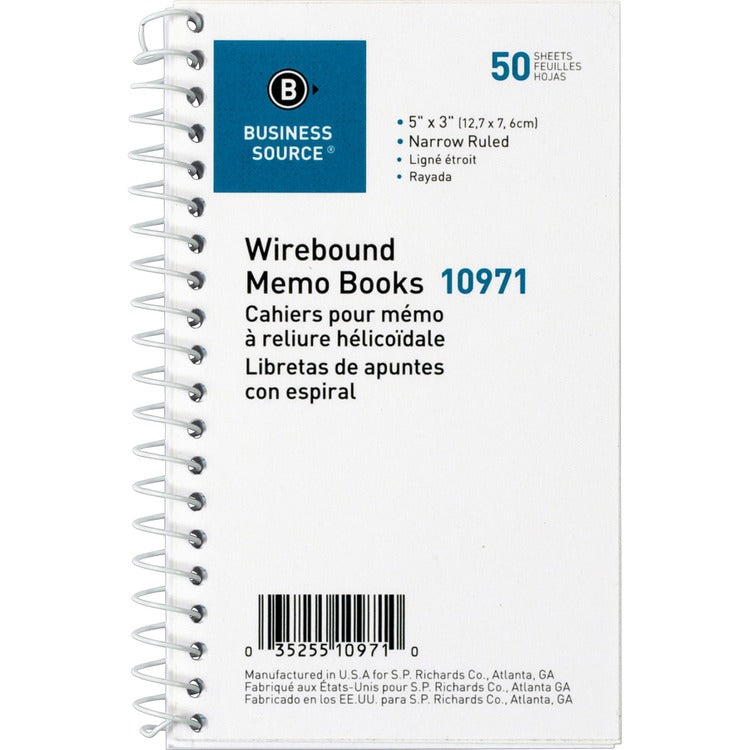 Business Source Wirebond Memo Books, 3" x 5", Narrow Ruled, 50 Sheets, WE (BSN10971) 12 Books