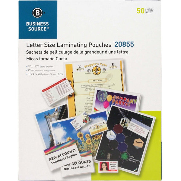 Business Source Laminating Pouch, Letter, 5Mil, 9" x 11-1/2", 50/BX, Clear (BSN20855) Box of 50