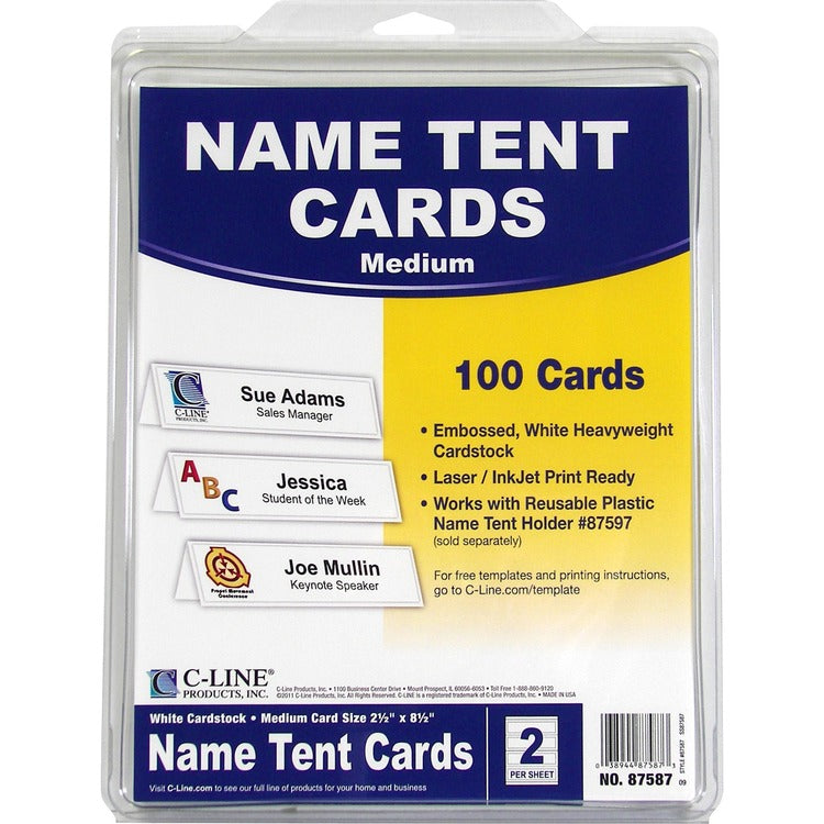 C-Line Embossed Tent Cards, White, 2.5 x 8.5, 2 Card/Sheet, 50 Sheets/Box (CLI87587) Box of 50