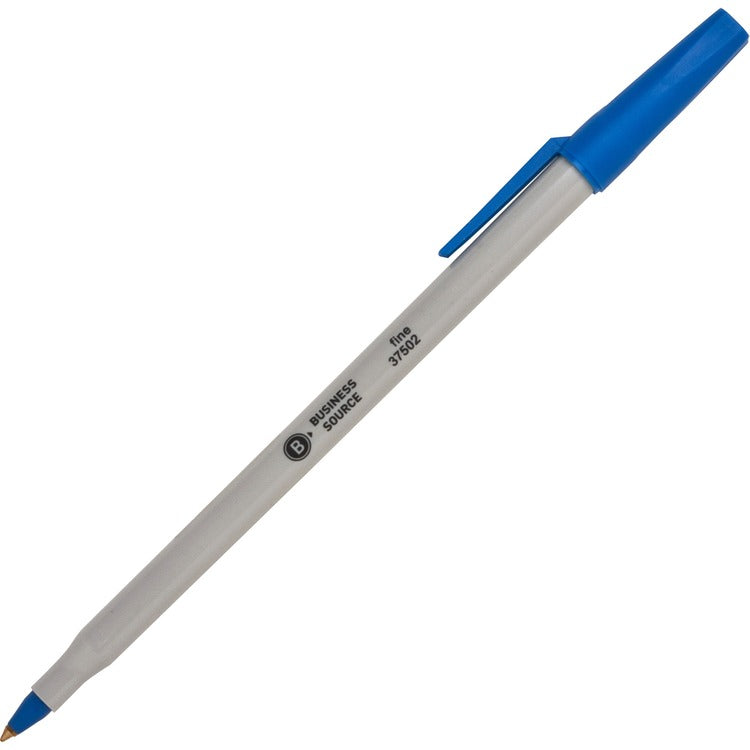 Business Source Ballpoint Stick Pens, Fine Pt, Light Gray Barrel, Blue Ink (BSN37502) Box of 12