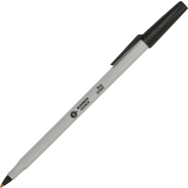Business Source Ballpoint Stick Pens, Fine Pt, Light Gray Barrel, Black Ink (BSN37503) Box of 12