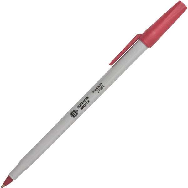 Business Source Ballpoint Stick Pens, Med pt, Lt Gray Barrel, Red Ink (BSN37504) Box of 12