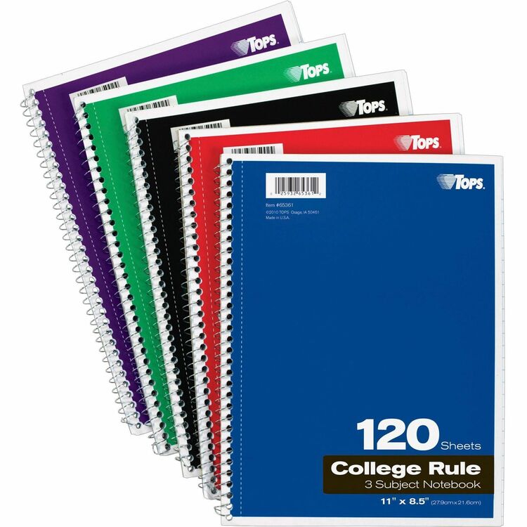 TOPS Wirebound 3-Subject Notebook, College Rule, 8-1/2 x 11, White, 120 Sheets/Pad (TOP65361) Each