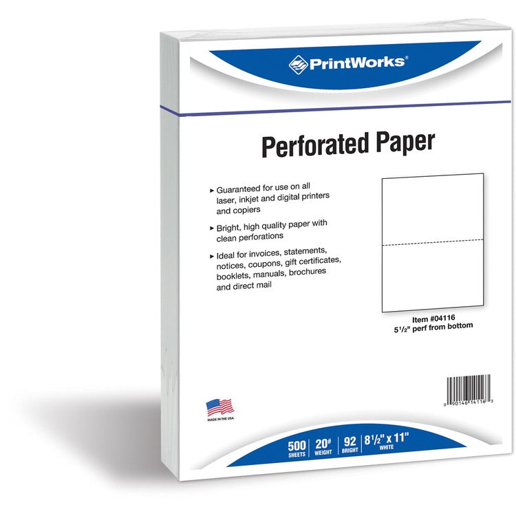 Printworks Office Paper, Perforated 5-1/2" From Bottom, 8-1/2 x 11, 20-lb., 500/Ream (PRB04116) 1 Ream