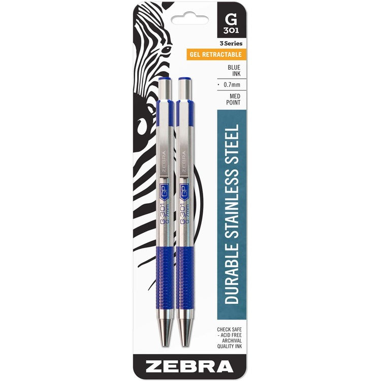 Zebra G-301 Retractable Gel Pen, Medium 0.7 mm, Blue Ink, Stainless Steel/Blue Barrel, 2/Pack (ZEB41322) Pack of 2