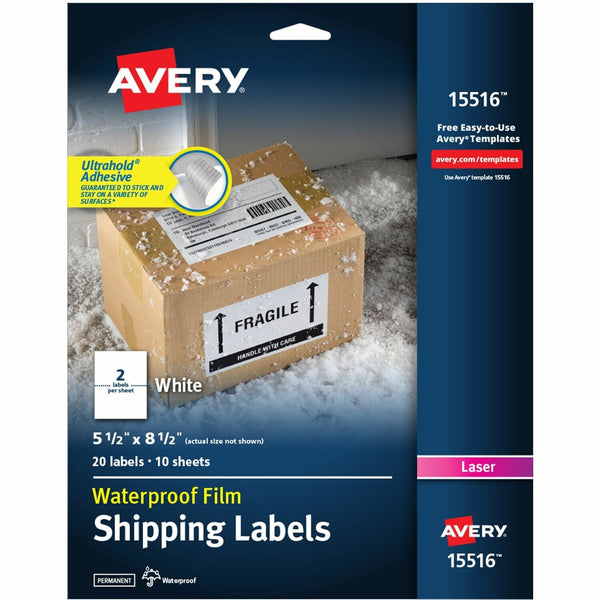 Avery&reg; Weatherproof Mailing Labels, 5-1/2" x 8-1/2", 20/PK, White (AVE15516)