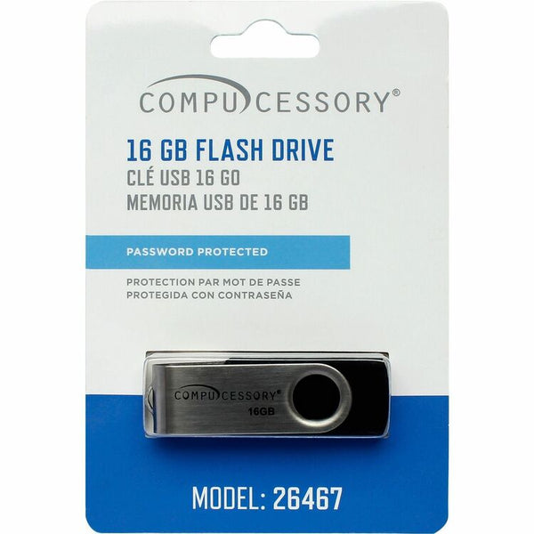 Compucessory Flash drive, 16GB, Password Protected, Black/Aluminum (CCS26467) Each
