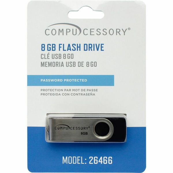 Compucessory Flash Drive, 8GB, Password Protected, Black/Aluminum (CCS26466) Each