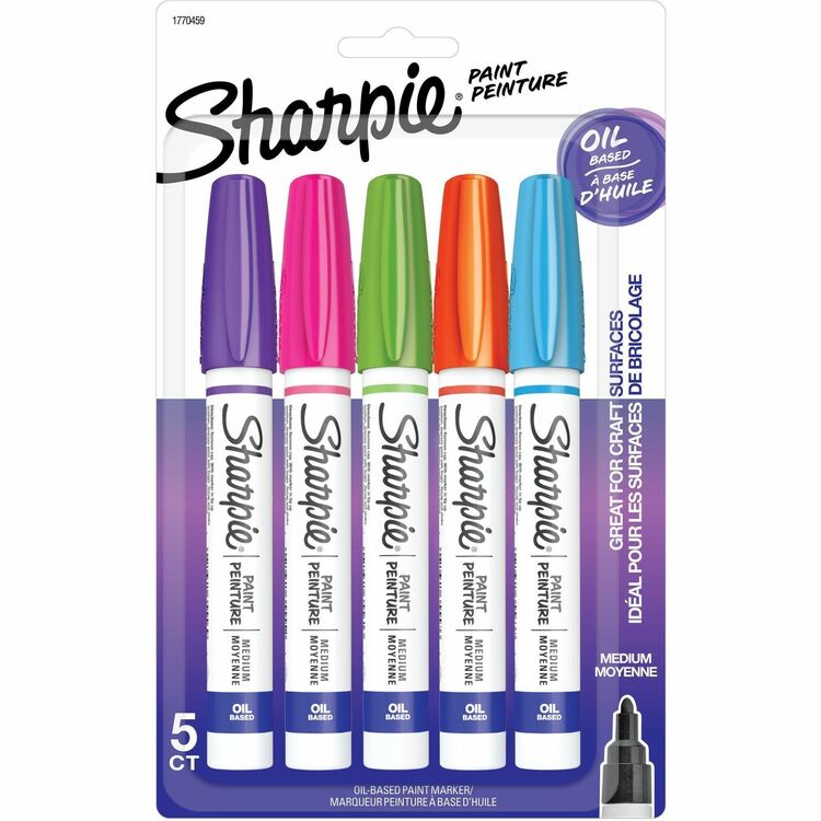 Sharpie Oil-Based Paint Marker, Medium Point, Medium Marker Point, Aqua, Orange, Lime Green, Pink, Purple Oil Based Ink, 5/Pack (SAN1770459)