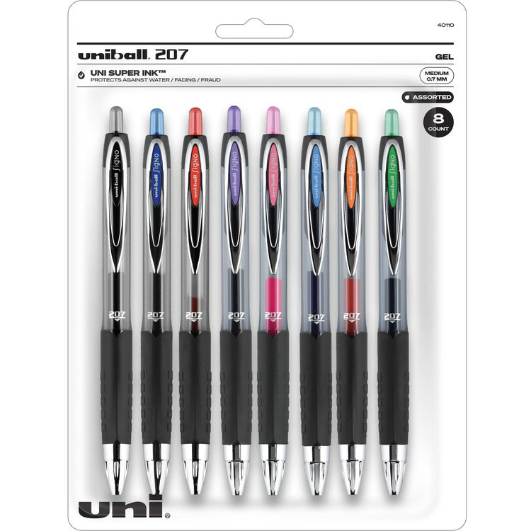 uniball&trade; Signo 207 Retractable Gel Pen, Medium 0.7mm, Assorted Ink, Black Barrel, 8/Set (UBC40110) Set of 8