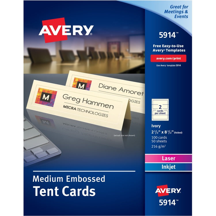 Avery&reg; Medium Embossed Tent Cards, Ivory, 2 1/2 x 8.5, 2 Cards/Sheet, 100/Box (AVE5914)