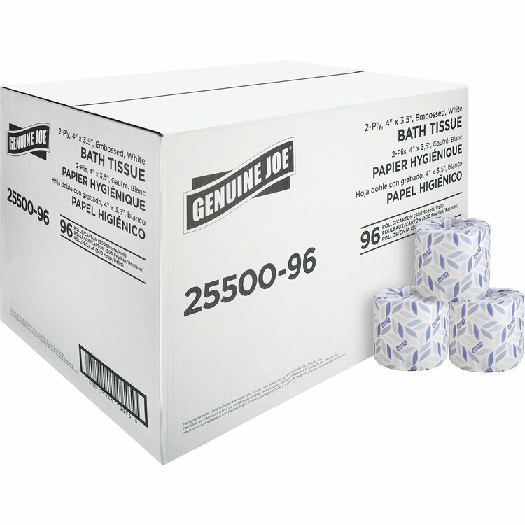 Genuine Joe Bath Tissue, 2-Ply, 500SH/RL, 4" x 3.15", 96RL/CT, WE (GJO2550096)