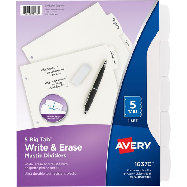 Avery&reg; Write-On Divider, 5/Tab, 3-Hole Punch, 8.5" x 11", White (AVE16370)