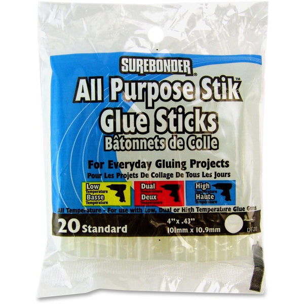 SureBonder Hot Melt Glue Sticks, 0.43" x 4", Dries Clear, 20/Pack (FPRDT20) Pack of 20
