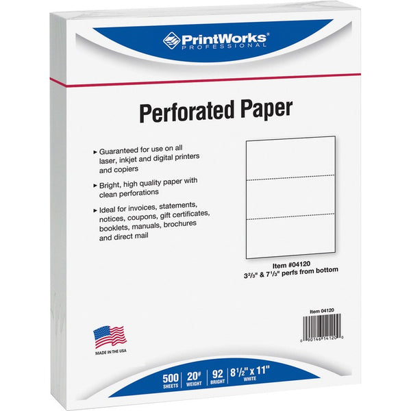 Printworks Perforated Copy Paper, 8 1/2"x11", White, 20 LB, One Ream (PRB04120) 1 Ream