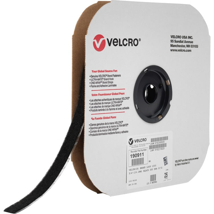 VELCRO&reg; Brand Sticky Tape, Loop, 3/4" x 75', 20/RL, Black (VEK190911)