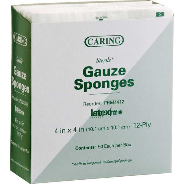 Medline Gauze Sponges, Sterile, 4" x 4". 12/Ply, 24BX/CT, White (MIIPRM4412CT)