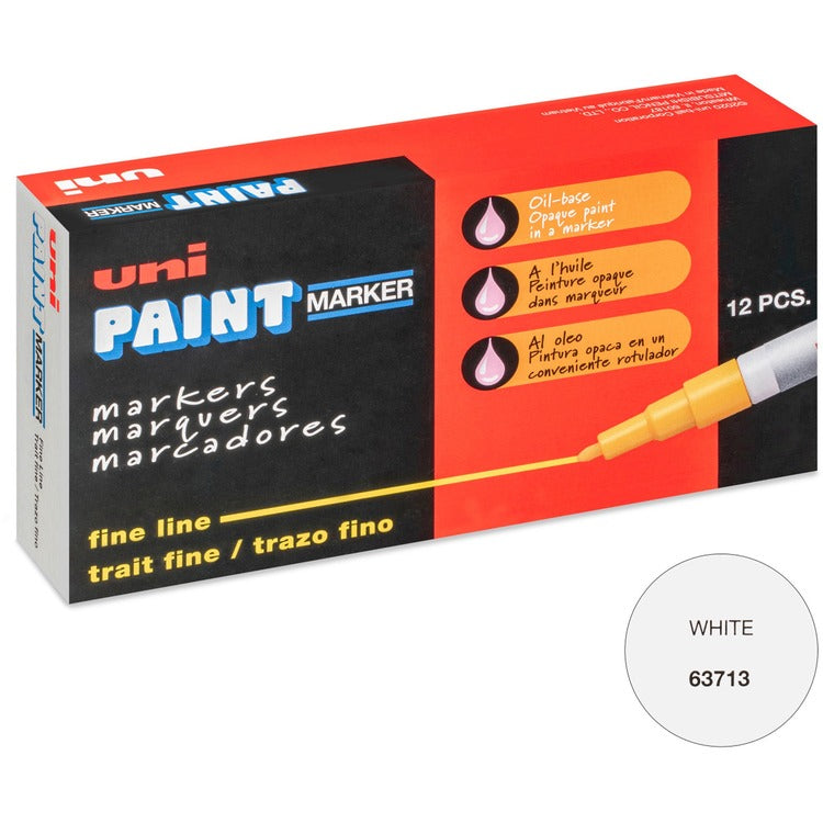 uni&reg; Paint Marker, Oil Base, Fine Point, 12/BX, White (UBC63713DZ) 1 Dozen