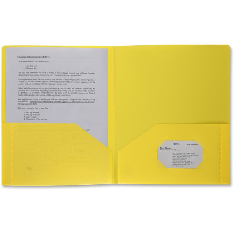 Business Source Poly Portfolio, 2 Pocket, Letter, .3mil, Yellow (BSN20878) Each