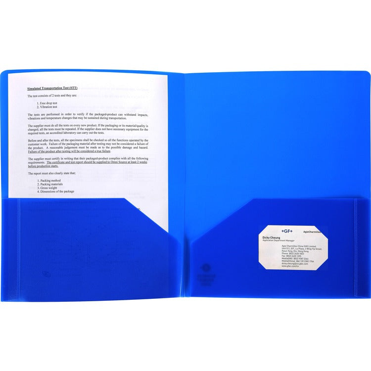 Business Source Poly Portfolio, 2 Pocket, Letter, .3mil, Blue (BSN20880) Each